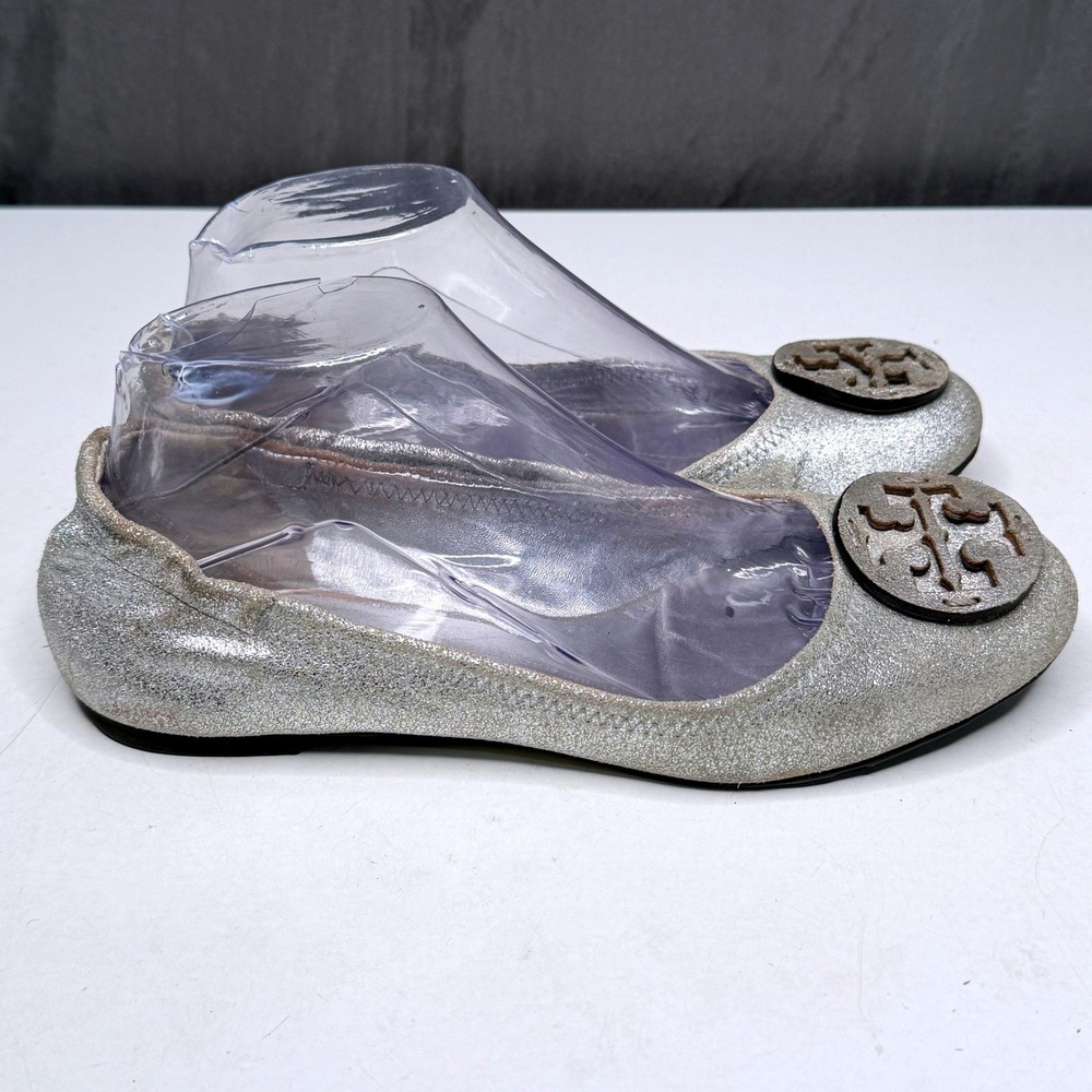 Tory Burch Reva Ballet Flats Womens 7.5 Silver Metallic Logo Medallion Slip On